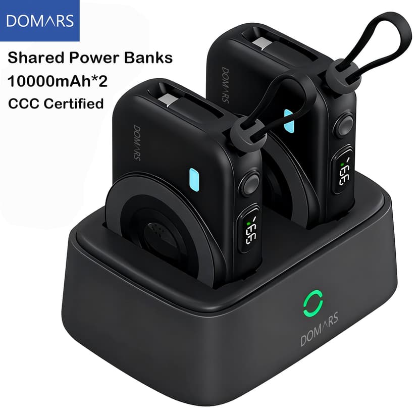 Domars 2-in-1 Magnetic Portable Charging Station, 2 Pack 10000mAh Magnetic Power Bank, 22.5W PD Fast Charging, 15W Wireless Charger Travel External Battery Pack with Built-in Type-C/Lightning Cable