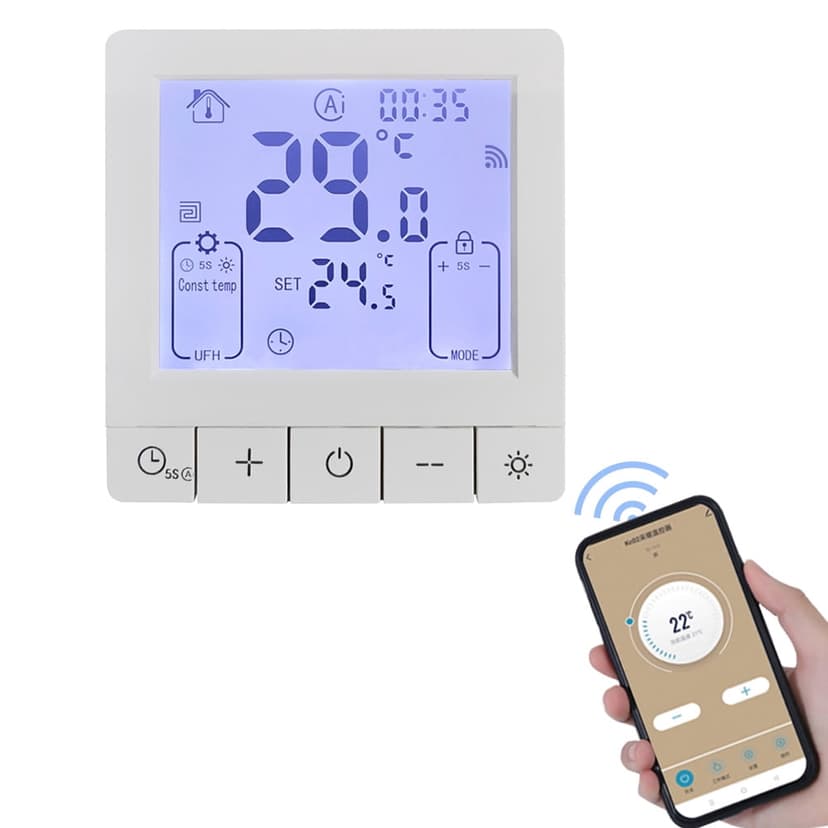 Home Smart Thermostat with WiFi, Voice Control, App Programmable Temperature Control, IP20 Protection, 24-Hour On/Off Timer, Suitable for 16A Electric Floor Heating, Compatible with Amazon and Google