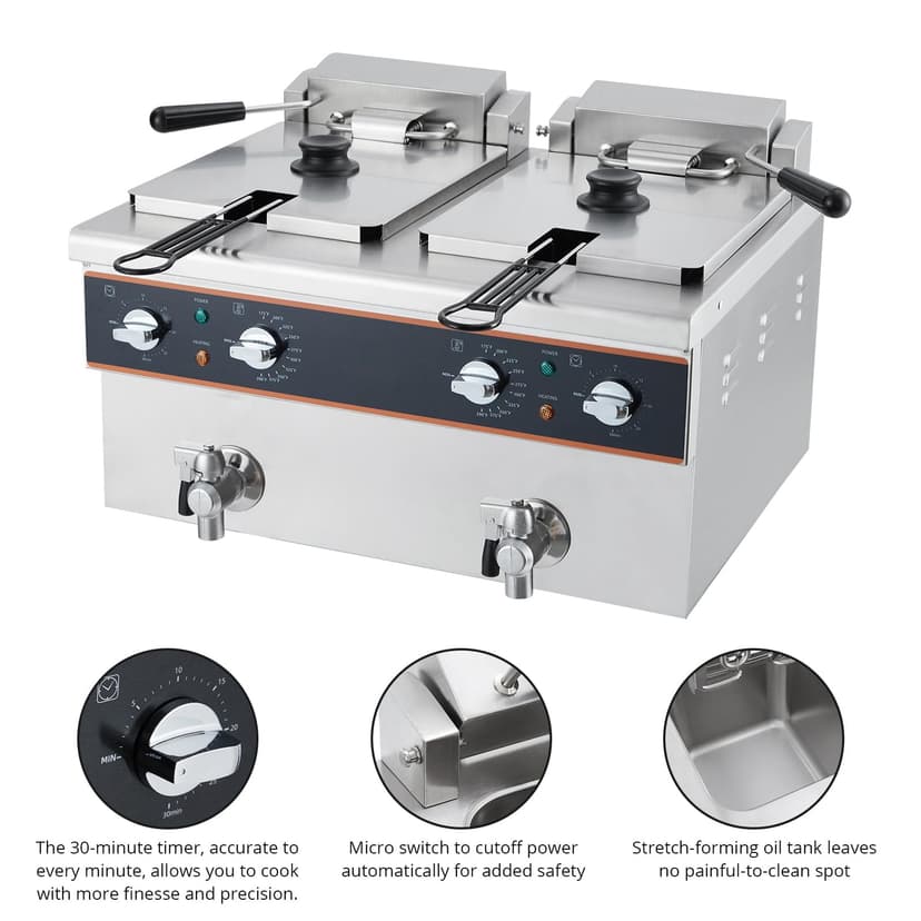 GloryStar Commercial Deep Fryer with Baskets - 3600W(1800W+1800W), 16.9QT Large Capacity, Thickened Stainless Steel, Dual Tank Electric Countertop