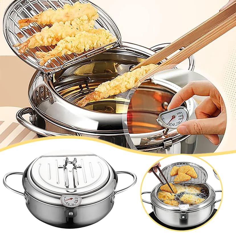 Japanese Stainless Steel Deep Fryer with Precise Temperature Control and Integrated Oil Filter Rack