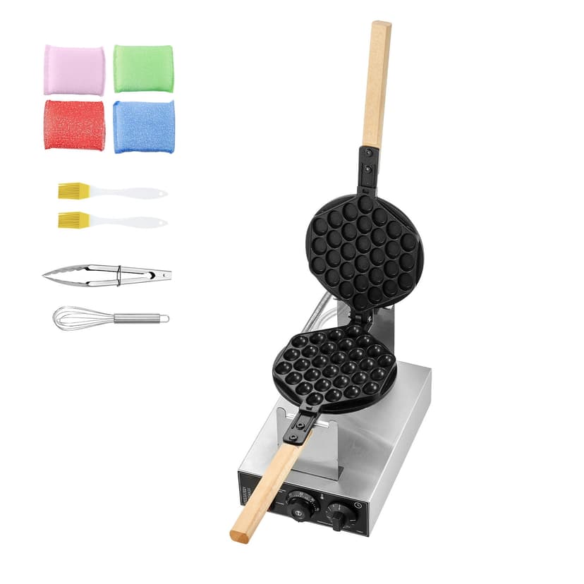KFFKFF Professional Bubble Waffle Iron, 1400W, for Crispy Egg Waffles, Non-Stick Coating, Stainless Build, 180° Flip Feature, Adjustable Temperature & Timer, Wood Grip, Ideal for Cafes & Snack Shops