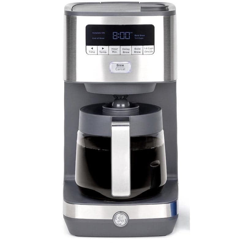 GE Drip Coffee Maker With Timer | 12-Cup Glass Carafe Coffee Pot With Adjustable Keep Warm Plate | Wide Shower Head for Maximum Flavor | Kitchen Essentials | Stainless Steel