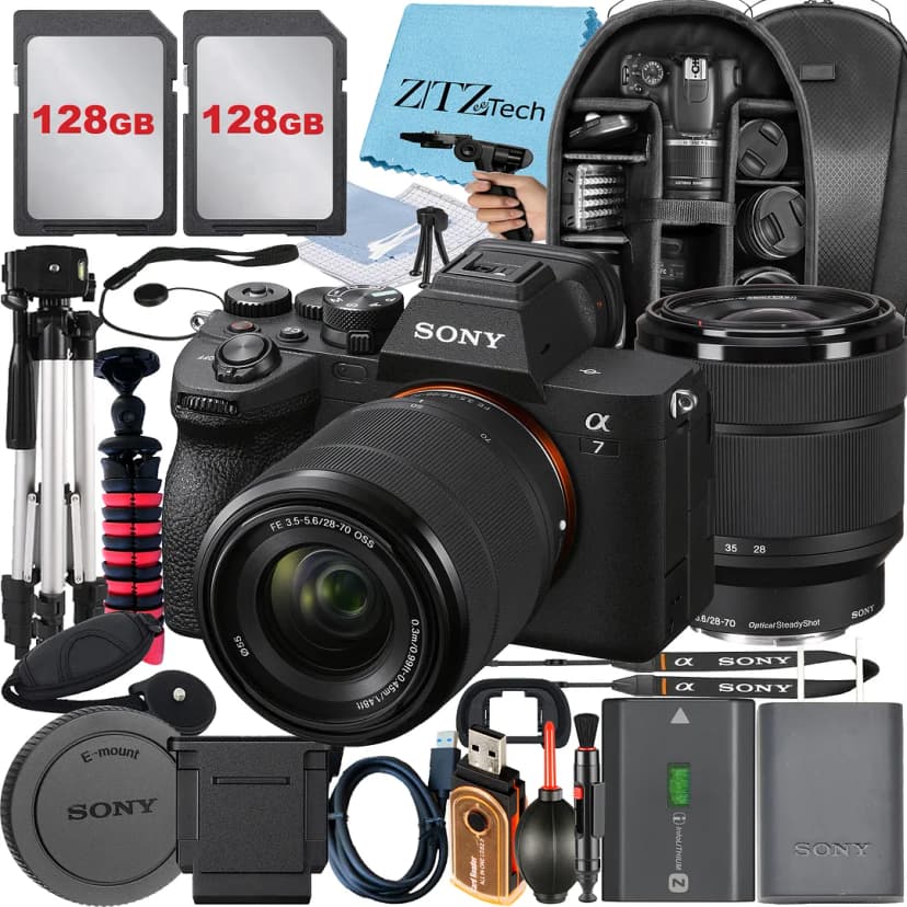 Sony Alpha a7 IV Mirrorless Digital Camera with FE 28-70mm Lens + 2 Pack 128GB Card + Case + Tripod + ZeeTech Accessory Bundle
