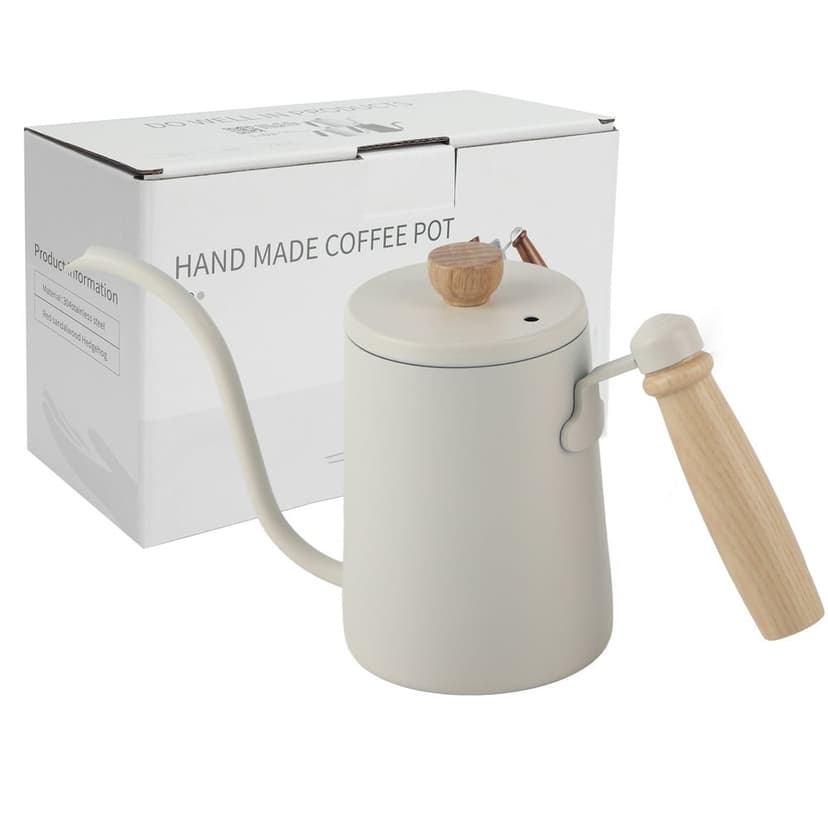 CHUANK Premium 600ML Drip Coffee Maker with Wooden Handle 304 Stainless Steel Hand Coffee Pot for Perfect Brewing - Elegant Beige Design Precise Pour Control High-Temperature Resistance
