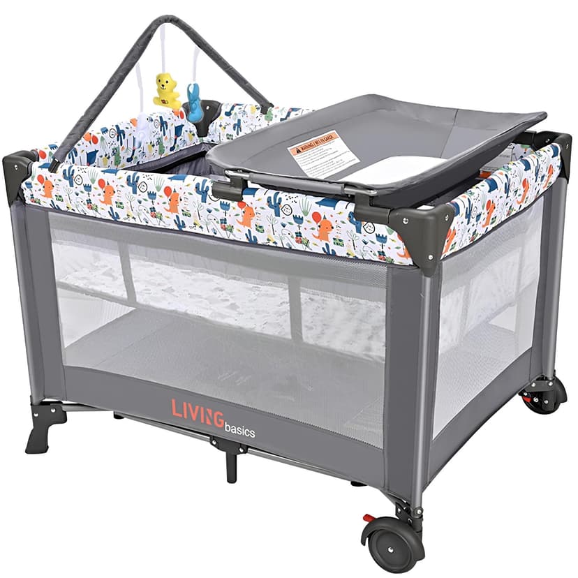 Portable Baby Playard, Foldable Travel Playard with Bassinet, Changing Table and Hanging Toys, Baby Playpen Infant Crib Bed, Grey
