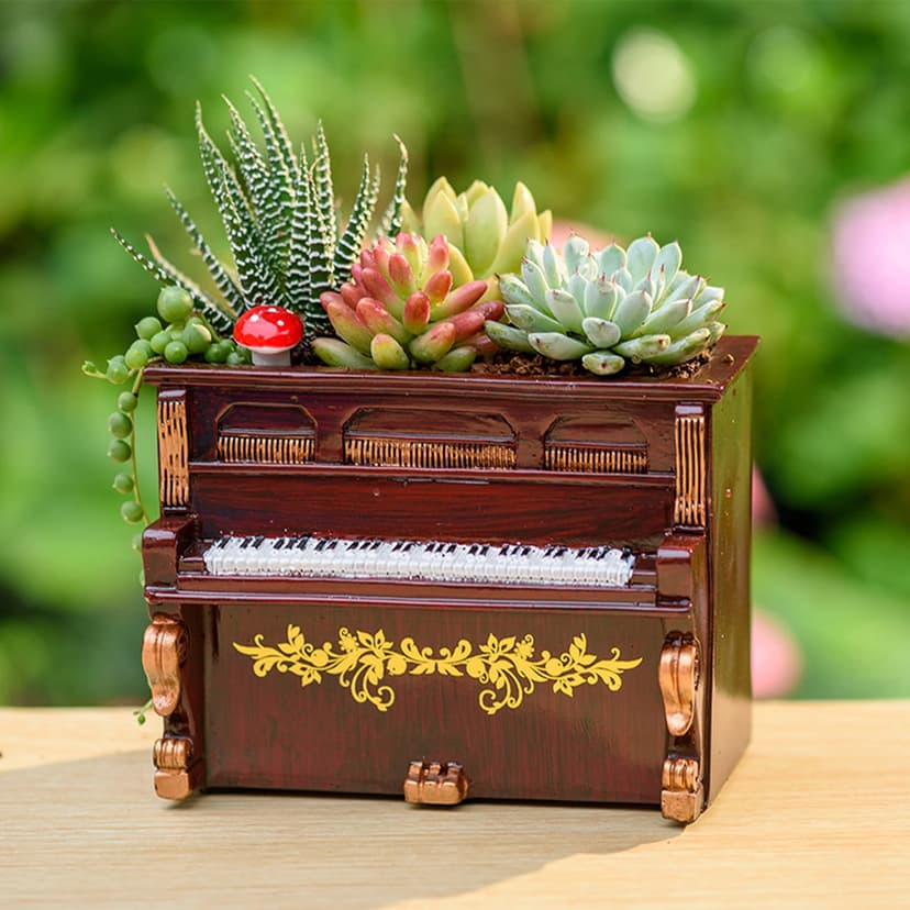 COFEST Vintage Piano Flower Set Resin Succulent Planter Desktop Plant Pot Bonsai for Home Garden Office Tabletop Decor Red