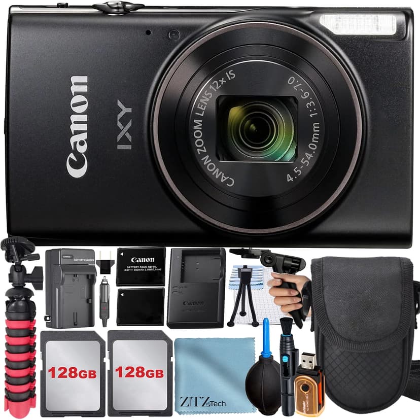 Canon PowerShot IXY 650 (ELPH 360) HS Digital Camera (Black) with 2 Pack 128GB Memory Card + Case + Tripod + ZeeTech Professional Bundle