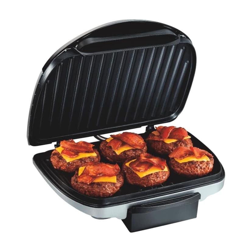 Hamilton Beach Electric Indoor Grill, 6-Serving, Large 90 sq. in. Nonstick Easy Clean Plates, Floating Hinge for Thicker Foods, 1200 Watts, 6.38"D x 12.68"W x 13.78"H, S