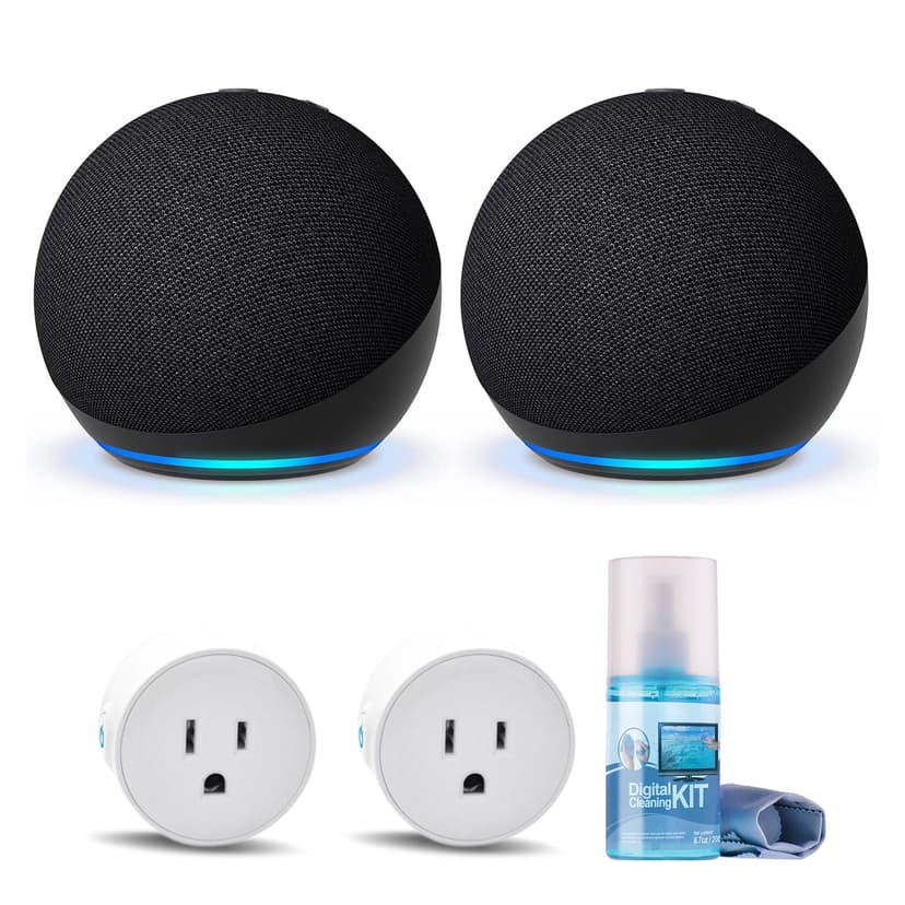 2-Pack Echo Dot (5th Gen, 2022 Release) (Charcoal) with 2-Wifi Smart Plugs and Cleaning Kit