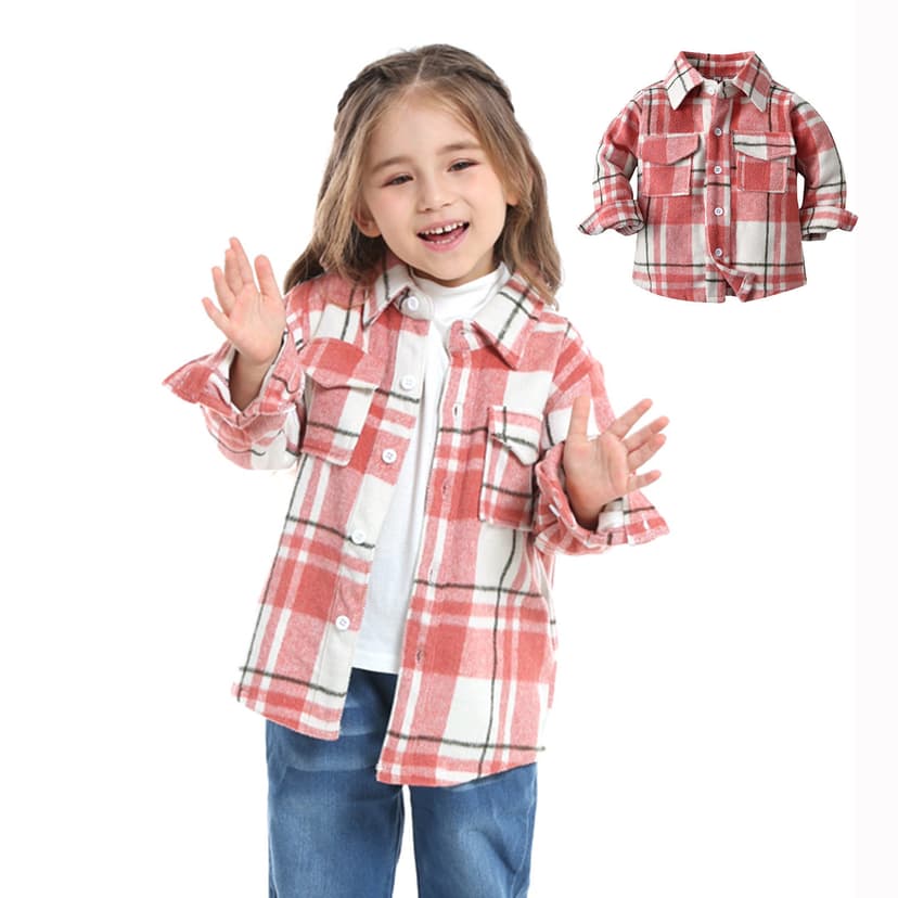 LOVZFMLL Jackets for Girls Kids Toddler Flannel Shirt Jacket Plaid Long Sleeve Shacket Toddler Boys Girls Fall Shirt Coat Outwear 13-18 Months