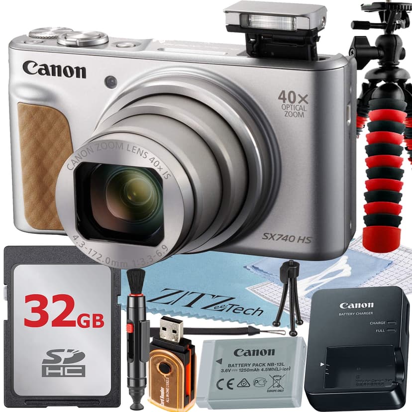 Canon PowerShot SX740 HS Digital Camera (Silver) with 40x Optical Zoom Lens + 32GB Memory Card + Tripod + ZeeTech Basic Bundle
