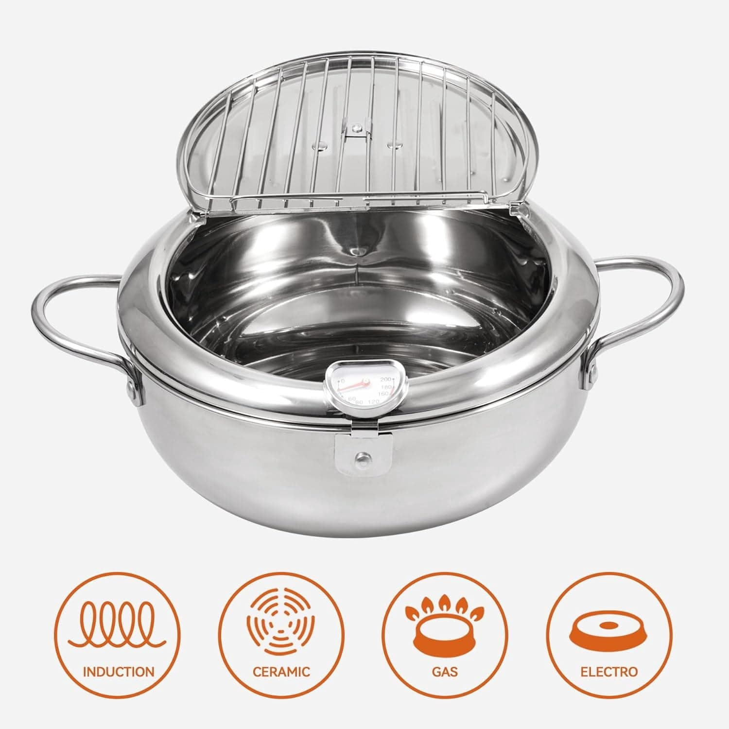 Sktrjpolfis Deep Fryer Pot 304 Stainless Steel Frying Pot with Lid Thermometer Oil Drainer Rack
