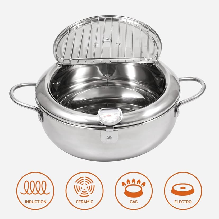 Sktrjpolfis Deep Fryer Pot 304 Stainless Steel Frying Pot with Lid Thermometer Oil Drainer Rack