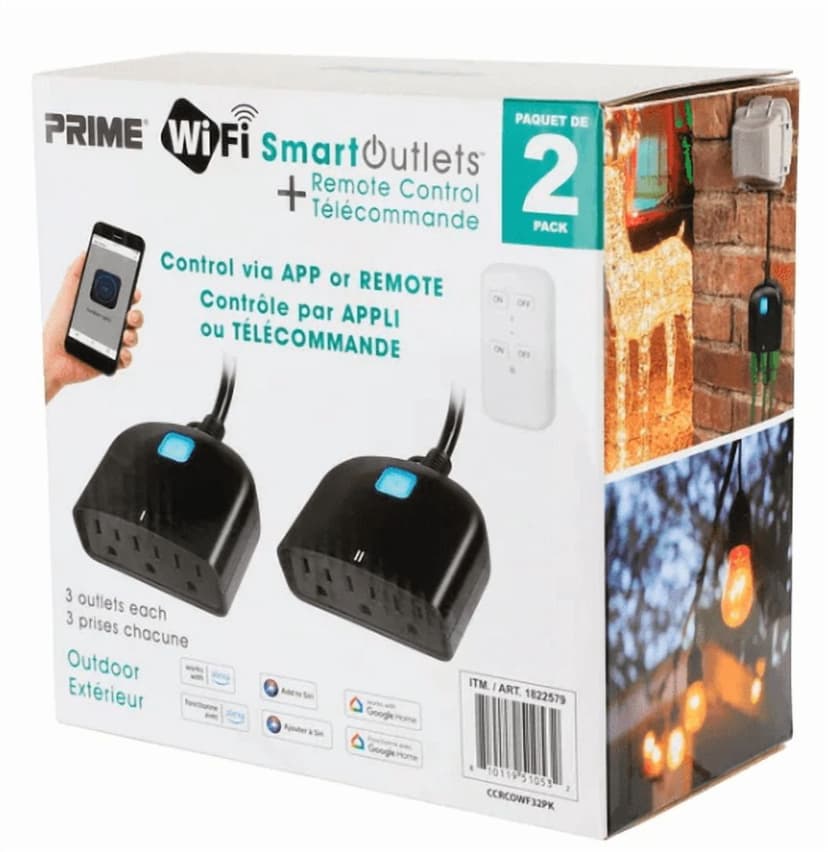 Wi-Fi Smart Outdoor Outlet Plug 2-Pack with Remote Control, 80 ft Range, App Controlled, Wall Mount Plate Included