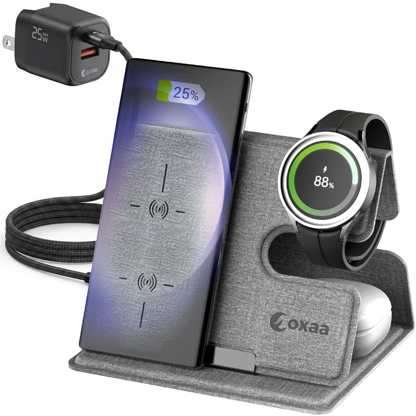 OXAA 3-in-1 Foldable Wireless Charging Stand for Samsung Galaxy Devices, Fast Charging, Compact & Travel-Friendly, Includes 25W Adapter