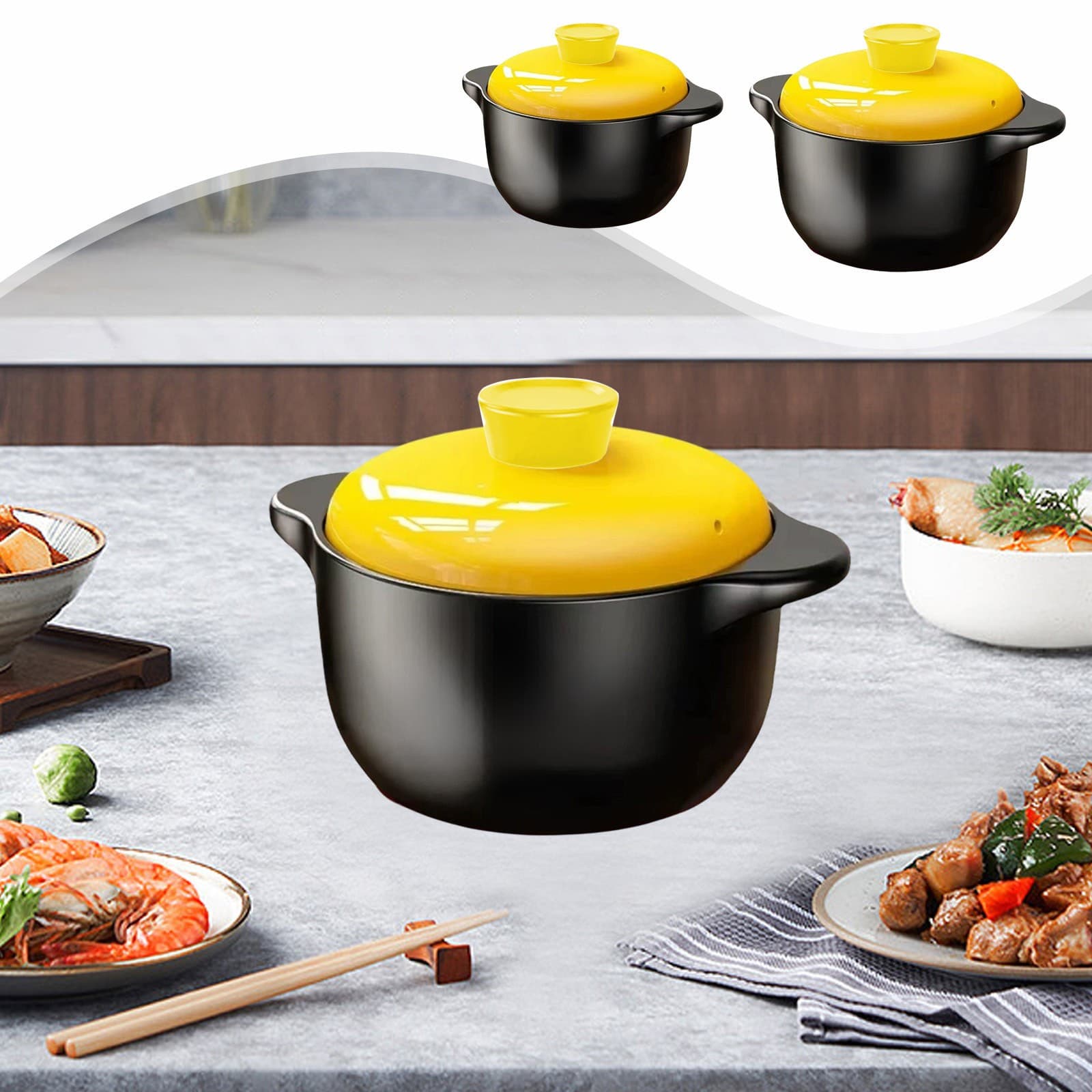 Yellow Cover Casserole Soup Slow Cooker Pot, Natural Gas Burner, Non-Crackable, Stainless Steel, Household Use, Energy Efficient, For Cooking