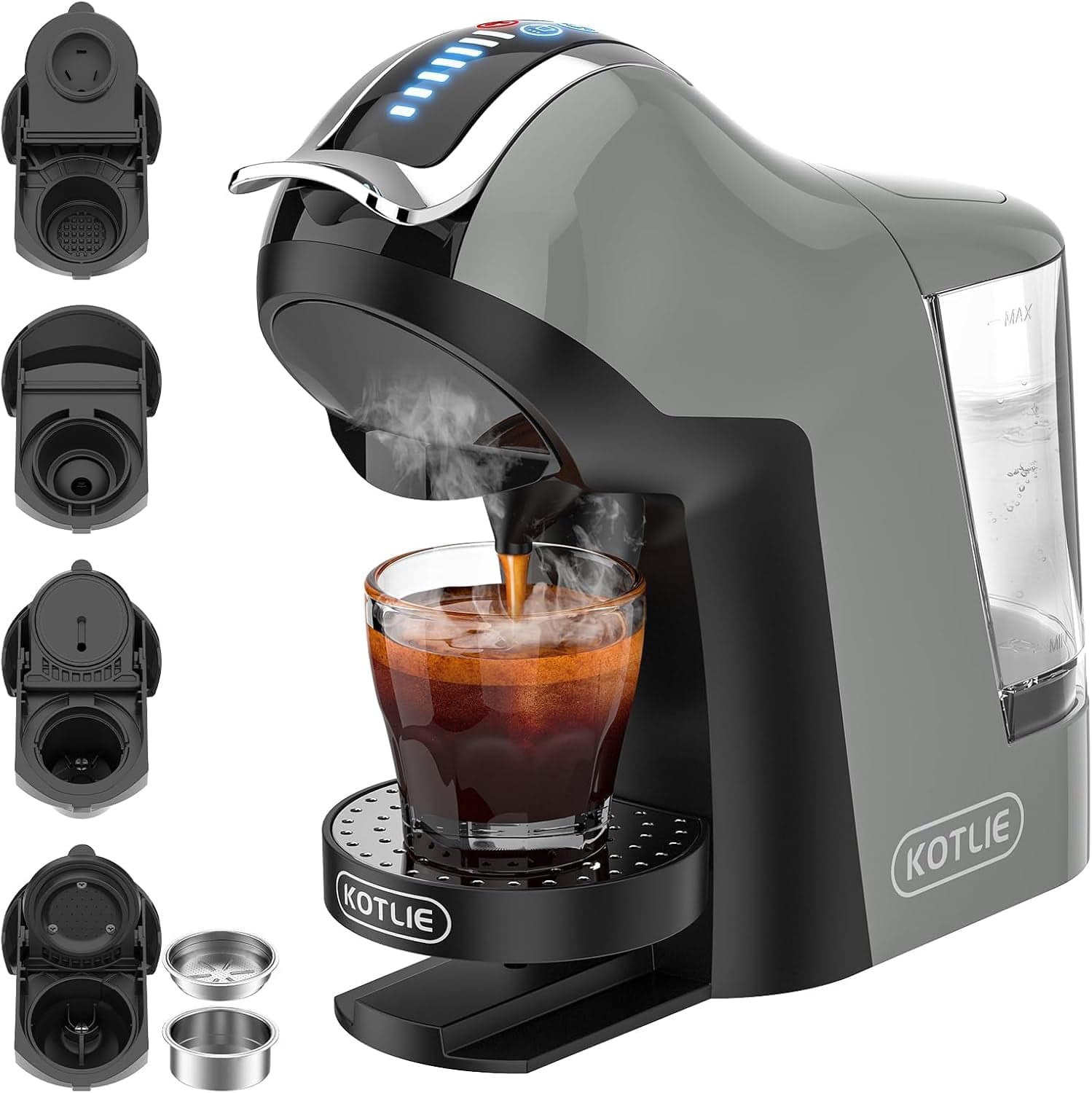 19 Bar 5in1 Multicapsule Espresso Coffee Machine for Nespresso/Dolce Gusto/LAVAZZA A MODO MIO Capsule and Ground/ESE Coffee Pods EM-308A (GERY)