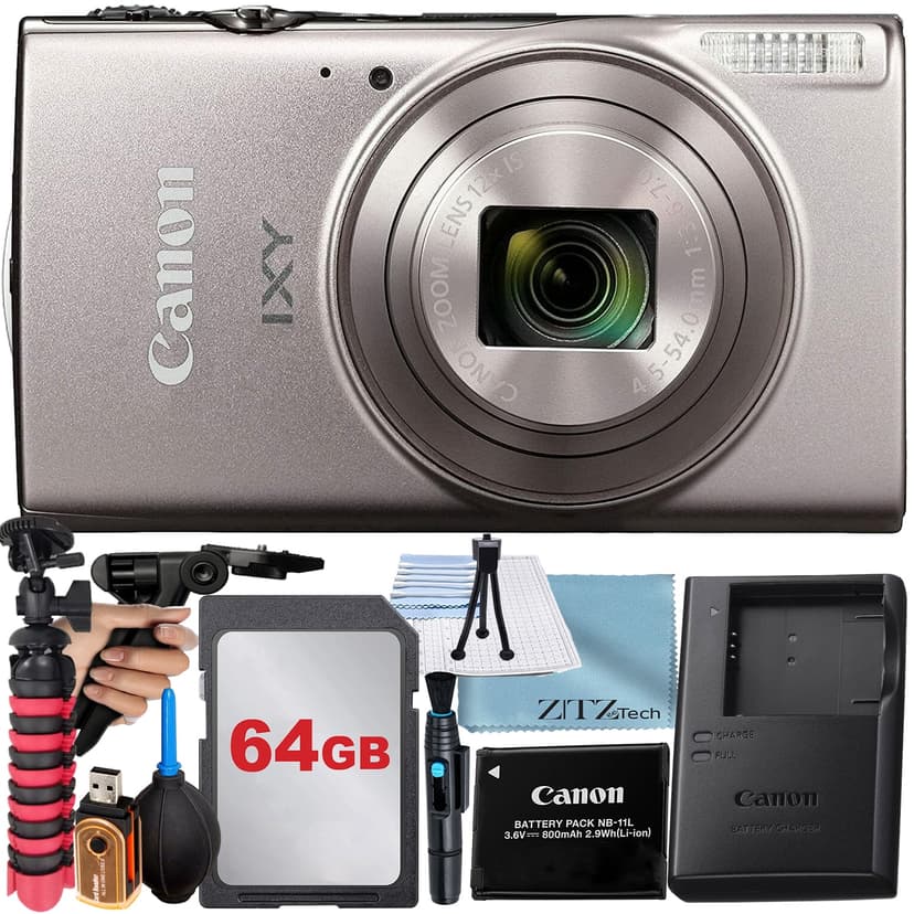 Canon PowerShot IXY 650 (ELPH 360) HS Digital Camera (Silver) with 12x Optical Zoom Lens + 64GB Memory Card + Tripod + ZeeTech Basic Bundle