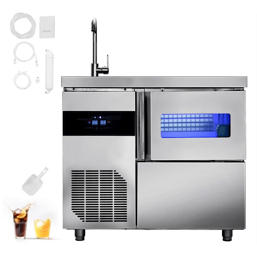 KFFKFF Commercial Ice Maker Machine, 132 lbs/24H Stainless Steel Worktop Ice Machine with Sink, 30 lbs Storage & 70 Cubes/Cycle