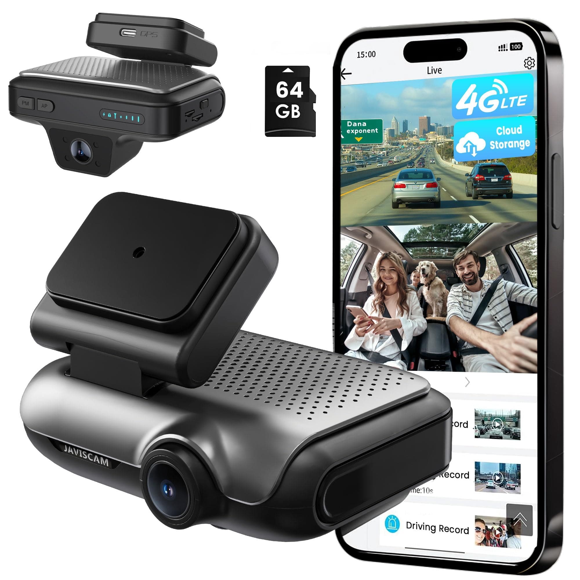 4G Dash Cam Front and Inside, Dual 2K LTE Dash Camera, Remote Live View Car Camera with 64GB TF Card, Quick App Alerts, Cloud Dash Cam, 24/7 Parking