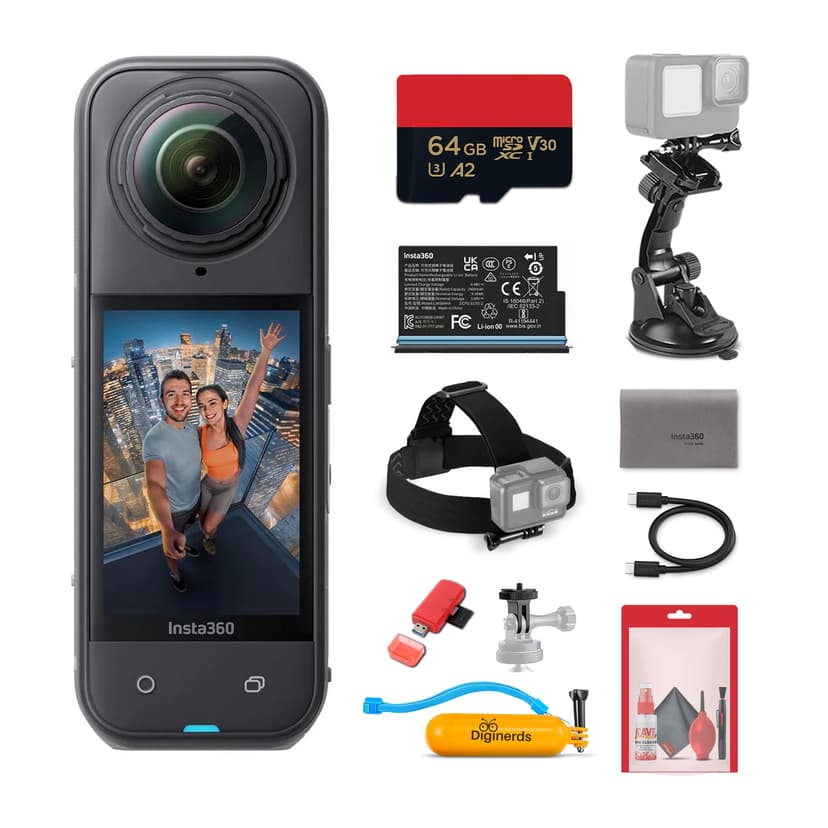 Insta360 X5 8K 360 Waterproof Action Camera | 1/1.28" Sensors, PureVideo AI, Stabilization, 185-Min Battery Life, Rugged Build (CINSAAHA_X501) + 50-in-1 Accessory Kit + 64GB Card + More