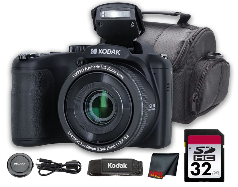 Kodak PIXPRO AZ255 16MP Digital Camera, 25X Optical Zoom, 1080p Video, 3" LCD, Black with 32GB Memory Card & Camera Case