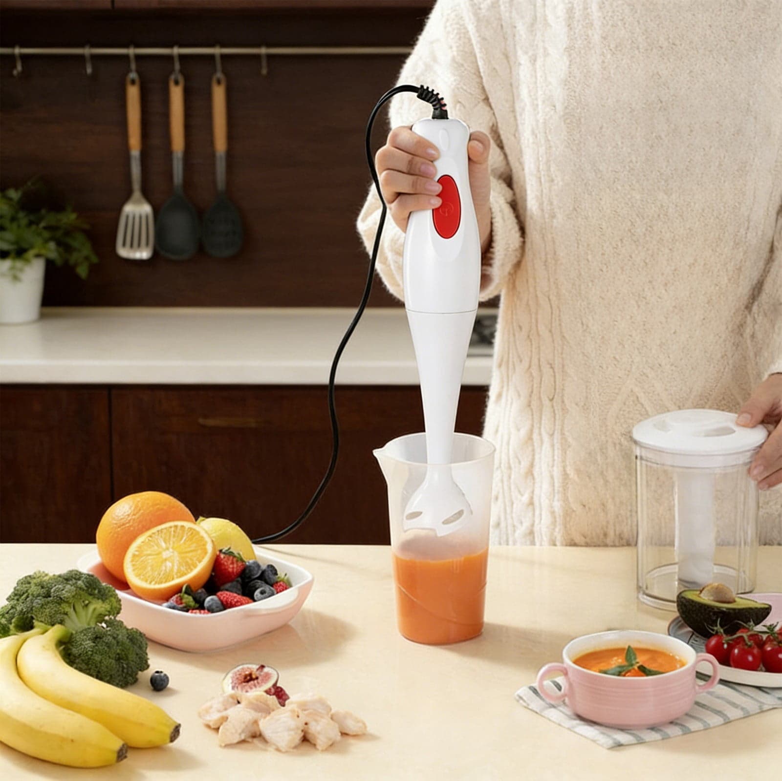 weibbin Plastic Handheld Immersion Blender 304 Stainless Steel Blade Food Processor for Kitchen White