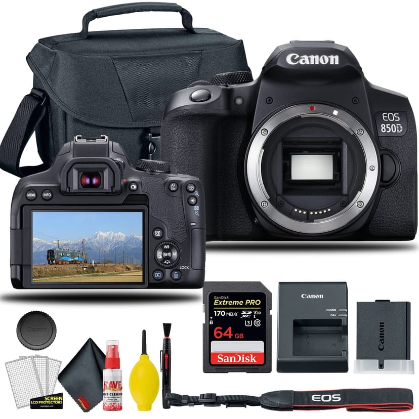Canon EOS 850D / Rebel T8i DSLR Camera (Body Only), + EOS Camera Bag + Sandisk Extreme Pro 64GB Card + 6AVE Electronics Cleaning Set, and More (International Model)
