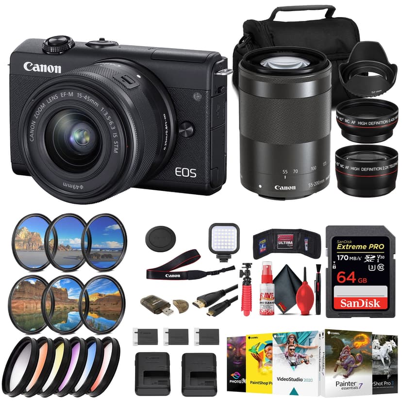 Canon EOS M200 Mirrorless Camera with 15-45mm and 55-200mm Lenses (Black) (3699C009) + Color Filter Kit + Filter Kit + 2 x 64GB Card + Charger + 2 x LPE12 Battery + Card Reader + More