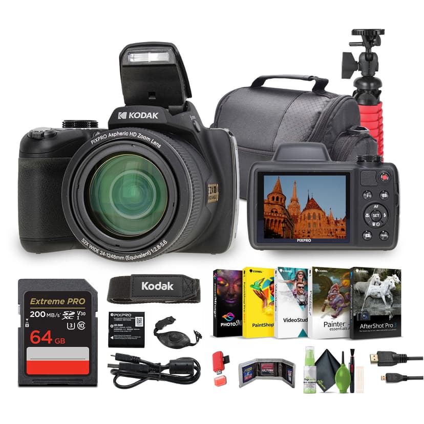 Kodak PIXPRO Astro Zoom AZ528 16MP Vlogging Digital Camera (Black) with 64GB Memory Card + Vlogger Tripod + Bag + Cleaning Kit + More