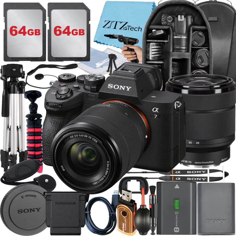 Sony Alpha a7 IV Mirrorless Digital Camera with FE 28-70mm Lens + 2 Pack 64GB Card + Case + Tripod + ZeeTech Accessory Bundle