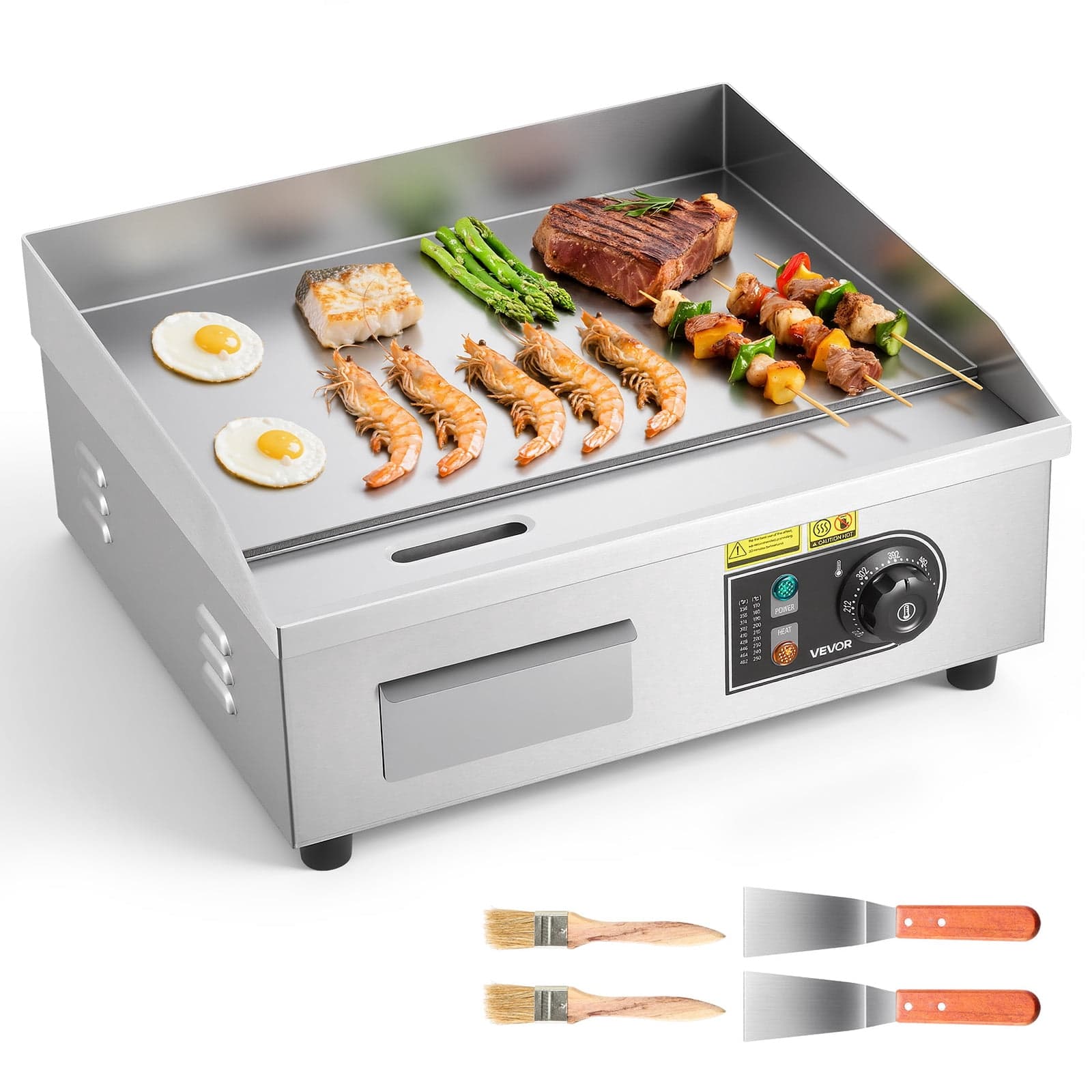 VEVOR Commercial Electric Griddle, 17.72 x 11.81 inch, 1750W, 122-570°F Adjustable Temp Control, Stainless Steel Countertop Flat Top Grill with 2 Spatulas, 2 Brushes
