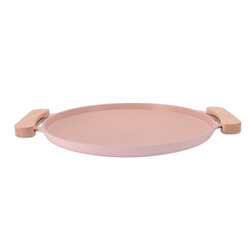 Portable Design Korean Grill Pan, Maifan Stone Coating BBQ Griddle, Aluminum and Composite Wood Indoor Outdoor Barbecue Pan for Camping and Picnic