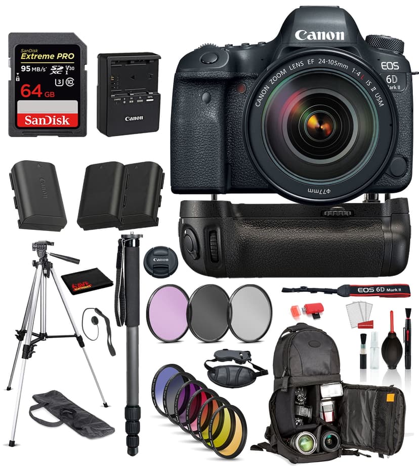 Canon EOS 6D Mark II DSLR Camera with 24-105mm f/4L II Lens (1897C009) Professional Bundle package deal ' Battery Grip + Replacement Battery (2CT) + SanDisk extreme pro 64gb SD card + MORE