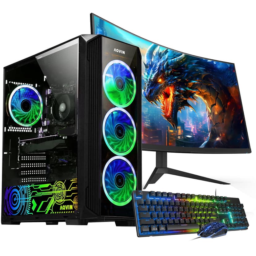 Gaming PC AQVIN ZForce Tower Computer With 27 Inch Curved Gaming Monitor , GeForce RTX 3050 6GB , AMD Ryzen 7 2700 Processor up to 4.1GHz , 32GB DDR4 RAM , 512GB SSD , Wi-Fi , Windows 11 Pro