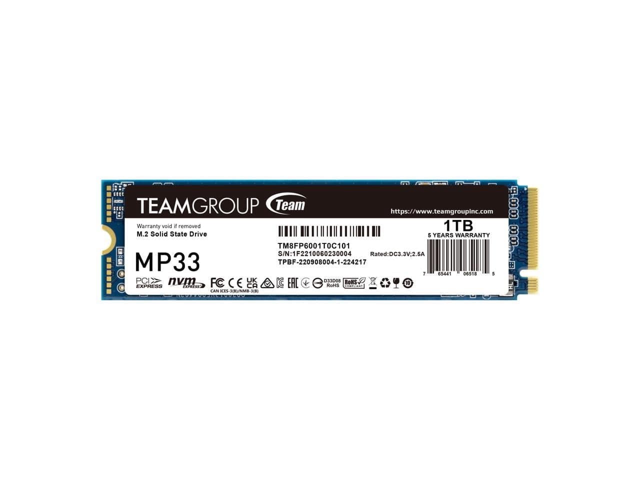 Team Group MP33 M.2 2280 1TB PCIe 3.0 x4 with NVMe 1.3 3D NAND Internal Solid State Drive (SSD) TM8FP6001T0C101