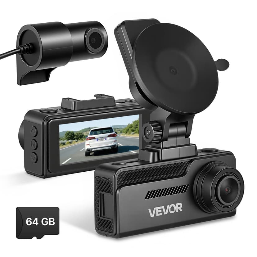 VEVOR Dash Cam Front and Rear, 4K+1080P, 64 GB Card Included, Dual Channel Dash Camera for Cars with Built-in GPS, G-Sensor, Front 129° & Rear 125°, 3.18" Touch Screen, Loop Recording, Parking Mode