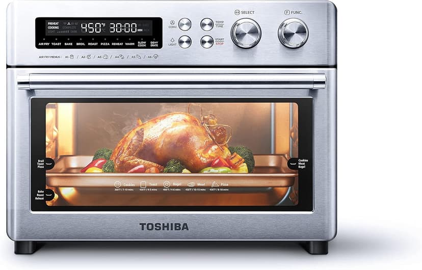 TOSHIBA WTU-A25ASS Toaster Oven Air Fryer, 10-in-1 Cooking Function, Countertop Convection Oven, LED Display, 6 Heating Element, 5 Accessories, 6-Slice Bread/12-Inch Pizza, 1750W, Stainless Steel