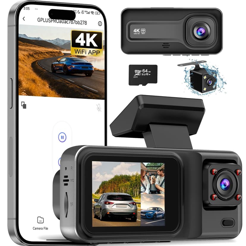 3 Channel 4K Dash Cam with 5GHz WiFi & APP Control, 4K+1080P+1440P Dash Cam Front and Rear Inside with 64GB Card, Dash Camera for Cars with Night Vis