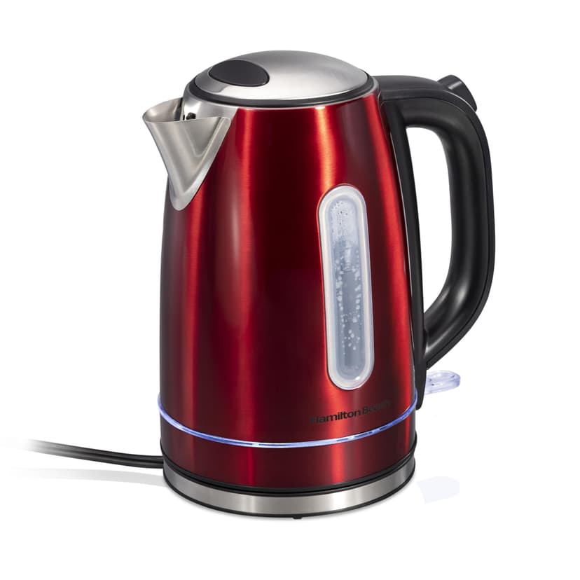 Hamilton Beach Electric Tea Kettle, Water Boiler & Heater, 1.7 Liter, Cordless Serving, 1500 Watts for Fast Boiling, Auto-Shutoff and Boil-Dry Protection, Red with L