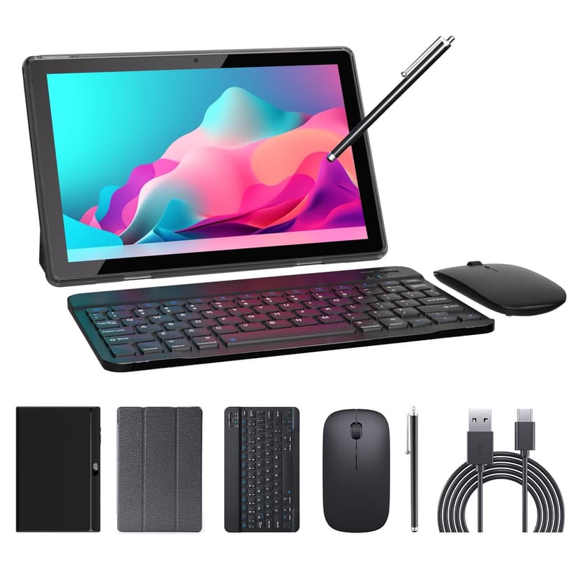 Tablet 2 in 1 Tablets 10 inch Android 14 Tablet Set with Keyboard Case Mouse Stylus 8GB+64GB/1TB expansion Tablets 10.1" Touch Sc