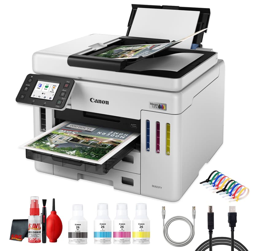 Canon MAXIFY GX7120 Wireless MegaTank All-in-One Color Printer | Print Scan Copy Fax, Duplex, 600 Sheet, 50 ADF, Wi-Fi, Ethernet + Cable Ties + Printer Cable + Cleaning Kit + Ethernet