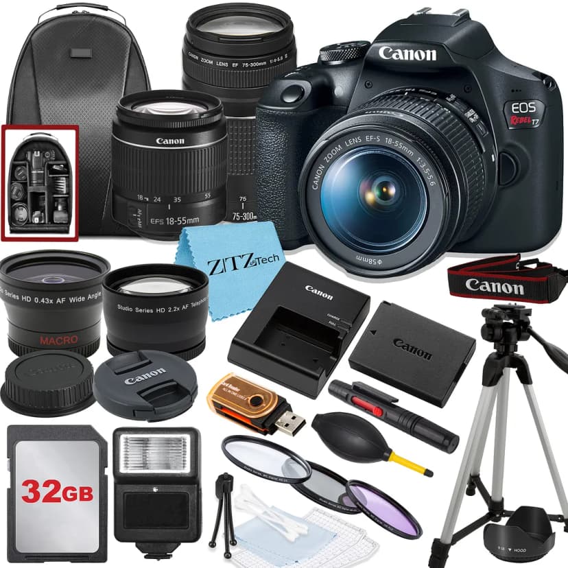 Canon EOS Rebel T7 Digital SLR Camera Bundle with 18-55mm, 75-300mm Lens, 32GB Memory Card, Tripod, Flash, Deluxe Backpack and ZeeTech Accessory Bundle