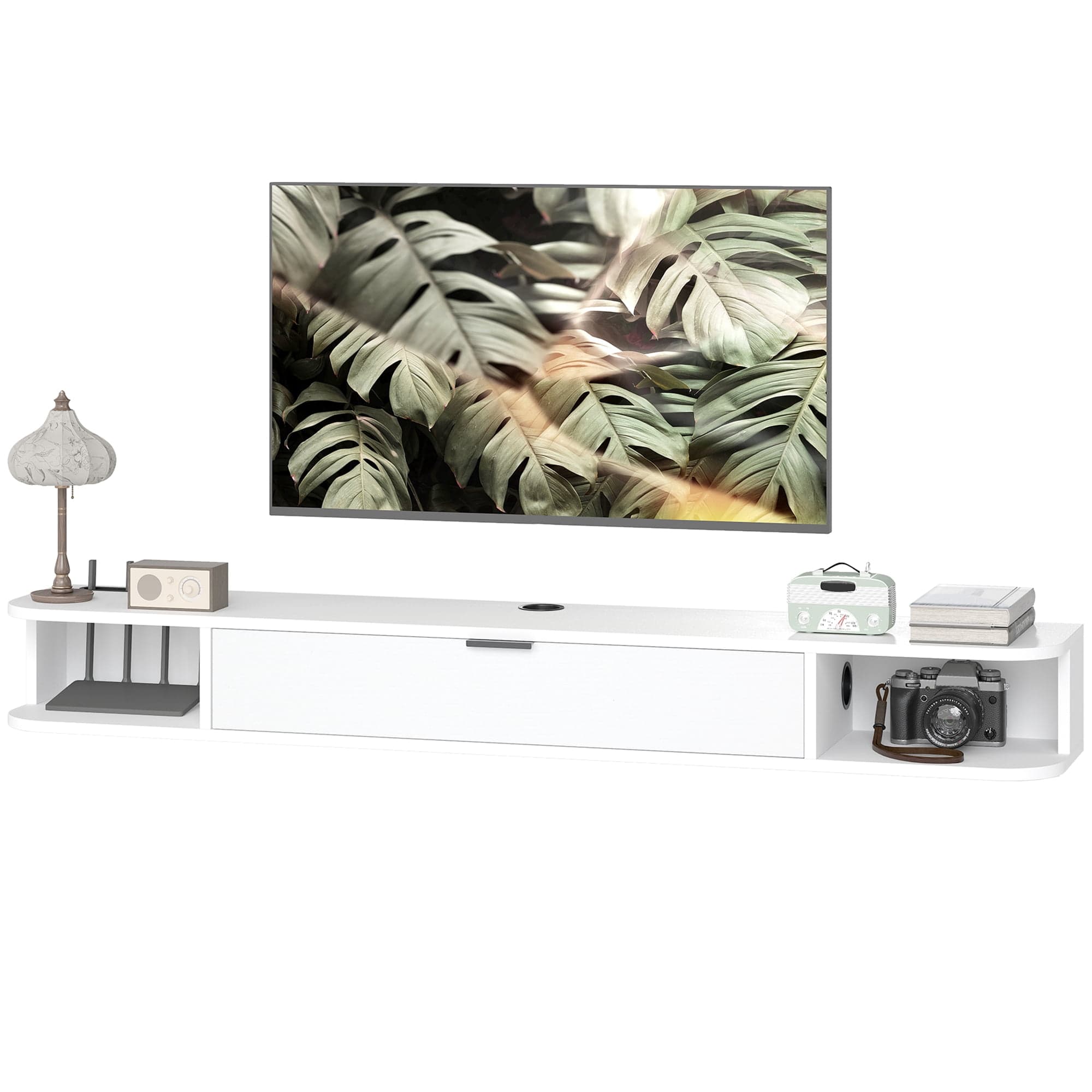Floating TV Stand 55" - Modern White Media Console with Drawer & Shelves for Living Room - Wall Mounted TV Unit up to 60 Inch TV