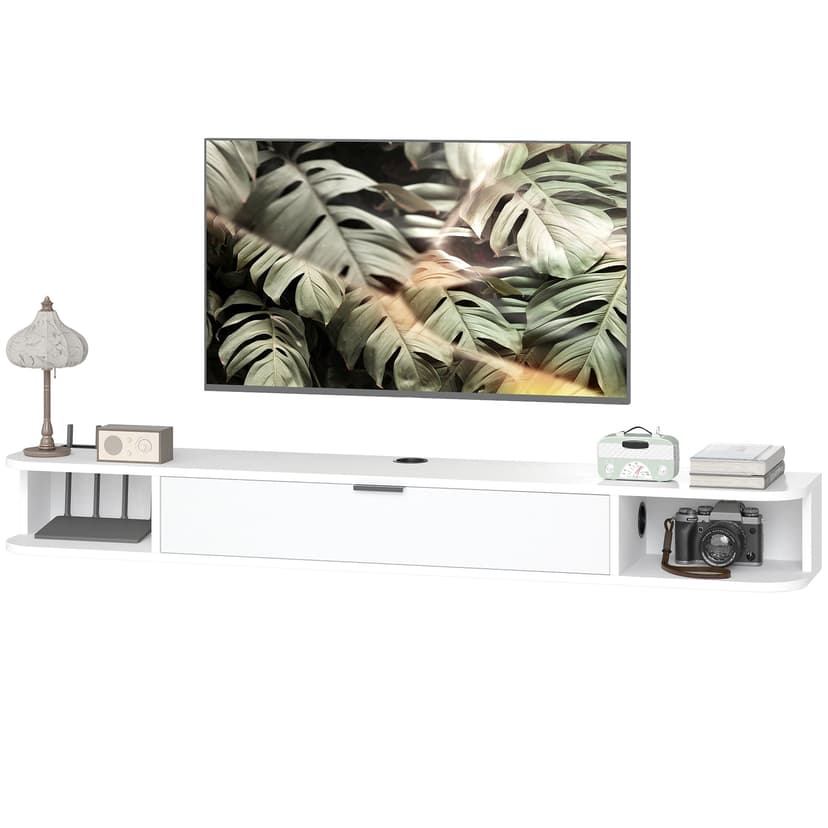 Floating TV Stand 55" - Modern White Media Console with Drawer & Shelves for Living Room - Wall Mounted TV Unit up to 60 Inch TV