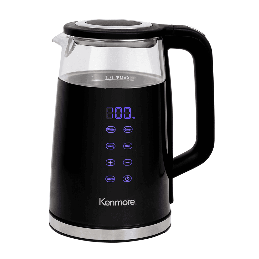 Kenmore Double-Walled Glass Electric Kettle 1.7L, Digital Temperature Control With 4 Pre-Sets, Black