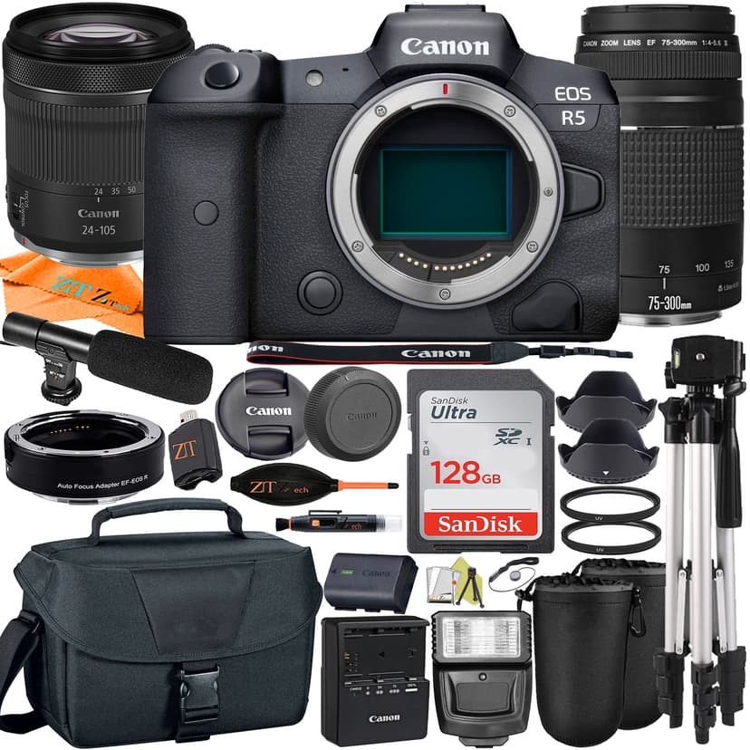 Canon EOS R5 Mirrorless Camera with RF24-105mm + 75-300mm Lens + Mount Adapter + SanDisk 128GB + ZeeTech Accessory