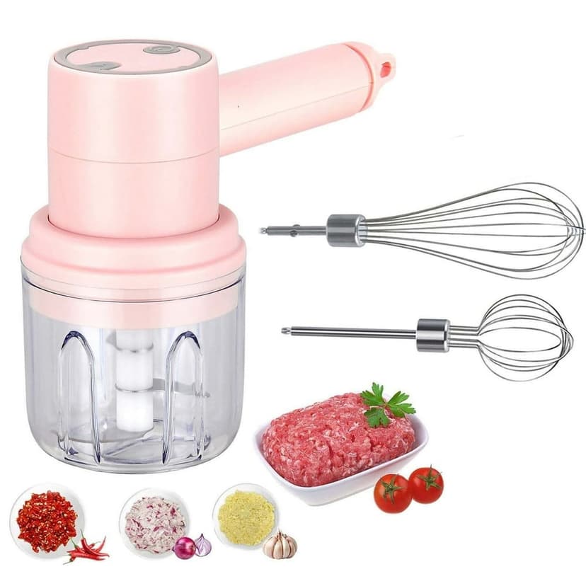 SUTENGDA 3-in-1 USB Rechargeable Hand Mixer Electric Whisk with Food Chopper - Portable Lightweight Wireless Kitchen Mixer with 3 Speed Settings Stainless Steel Beaters Hanging Hook for