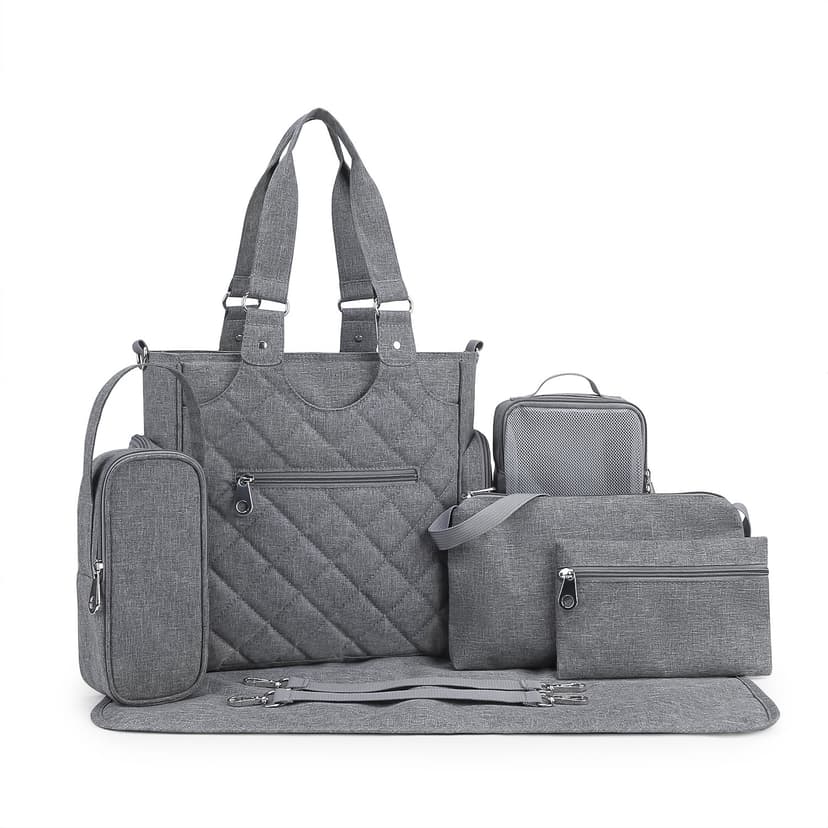 SPEKSEE 7-Piece Waterproof Diaper Bag Tote Set - Single Shoulder Diaper Bag with Stroller Straps, Bottle Warmer & Changing Pad