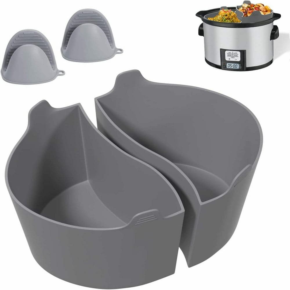2 in 1 Silicone Slow Cooker Liners Reusable Crock Pot Divider Liners Fit 6-8 Quarts Pot Grey
